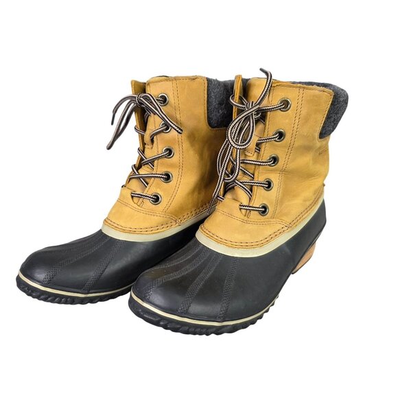 Womens Sorel Khaki & Black Waterproof Lace Up Boots Insulated Rubber Sole 11 - Picture 1 of 9